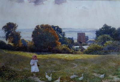 Una bambina con anatre in un prato da Joseph Kirkpatrick