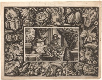 Natura morta di formaggi e frutta con bordo ornamentale da Joseph Kling