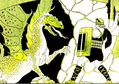 Sigfrido combatte contro il Drago. Leggenda dei Nibelunghi. Illustrazione di Joseph Kuhn Regnier (Kuhn-Regnier) (1873-1940) per "Epopees et legendes d