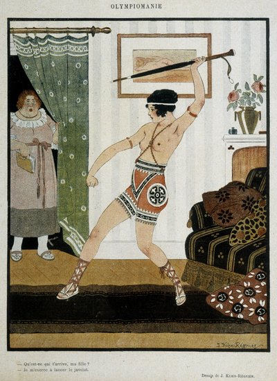 Giovane ragazza in costume antico che si allena a lanciare il giavellotto con un ombrello. Poster di fantasia che illustra l