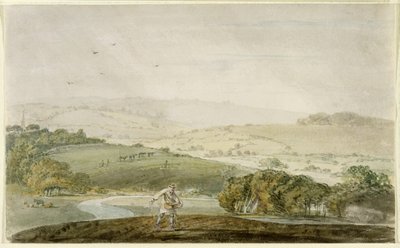 Un contadino che semina, con una valle fluviale e colline ondulate, c.1795 da Joseph Mallord William Turner