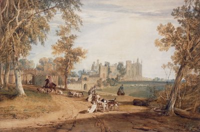 La facciata nord-ovest, Cassiobury, con cani e cacciatori da Joseph Mallord William Turner