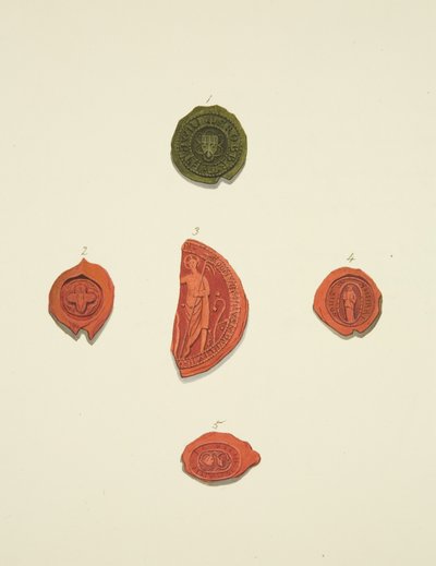 Cinque sigilli di Robert Atwaller, sigillo sconosciuto, Margaret Mewyrk, Priora di St Mary Magdalen e John Vrell da Joseph Manning