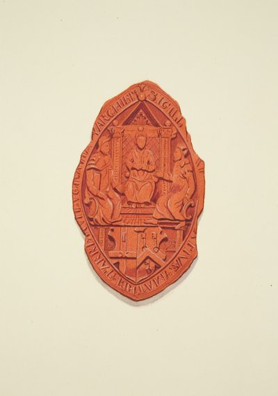 Fronte del sigillo di Matthew Parker, Arcivescovo di Canterbury, al testamento di Thomas Alyce, mercante da Joseph Manning