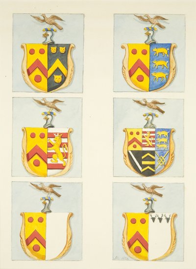 Sei stemmi nelle vetrate delle navate nord e sud (estremità est) della Cattedrale di Bristol da Joseph Manning