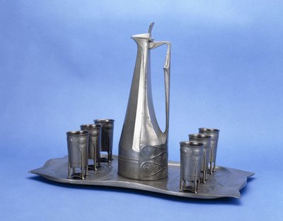 Set di liquori in peltro a otto pezzi Edelzinn da Joseph Maria Olbrich