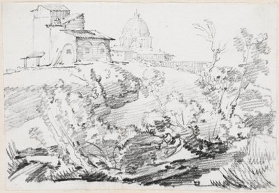 Un edificio su una collina con San Pietro in lontananza da Joseph Marie Vien