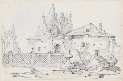 Casa e alberi oltre un muro di giardino da Joseph Marie Vien