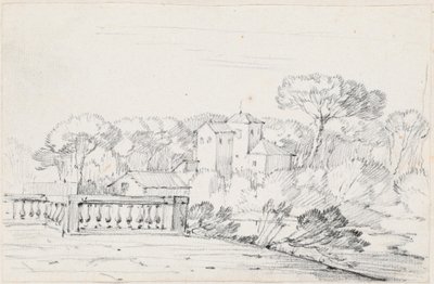 Terrazza lungo un fiume con una villa e alberi oltre da Joseph Marie Vien