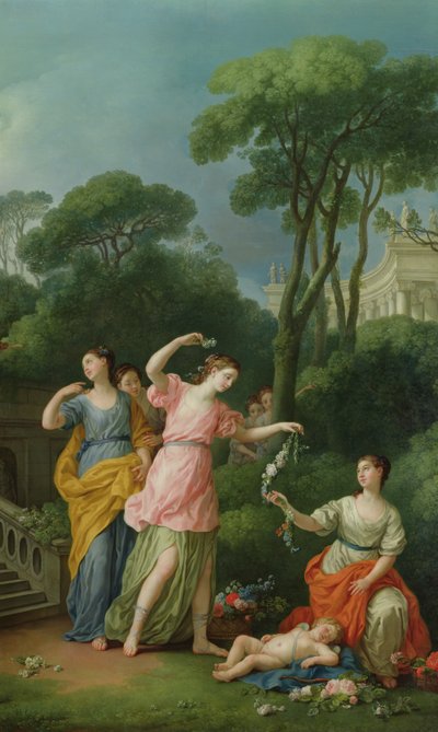 Giovani ragazze greche adornano un Cupido dormiente con fiori, 1773 da Joseph Marie Vien