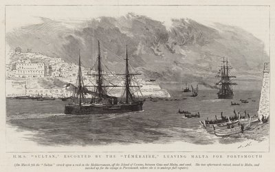 HMS Sultan, scortata dalla Temeraire, lascia Malta per Portsmouth da Joseph Nash