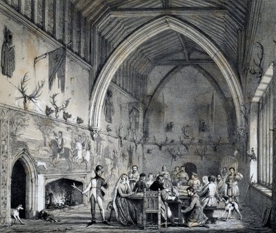 Sala alla Moat House Ightham con banchetto, Kent, incisione da Mansions of England in olden time da Joseph Nash
