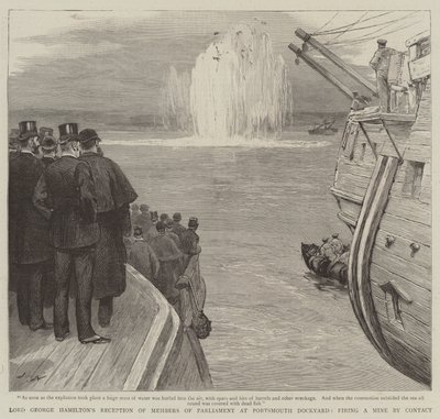La ricezione di Lord George Hamilton dei membri del Parlamento al cantiere navale di Portsmouth, sparando una mina per contatto da Joseph Nash