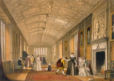 La Galleria Lunga a Lanhydrock, Cornovaglia, 1600, da Architettura del Medioevo, pubblicato 1838 da Joseph Nash