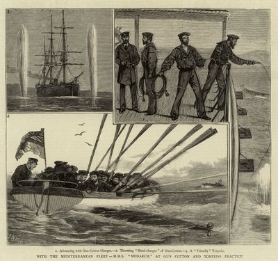 Con la flotta del Mediterraneo, H M S Monarch in esercitazione con cotone da sparo e siluri da Joseph Nash
