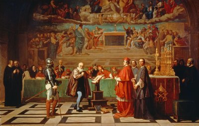 Galileo Galilei (1564-1642) davanti ai membri del Santo Uffizio in Vaticano nel 1633, 1847 da Joseph Nicolas Robert Fleury