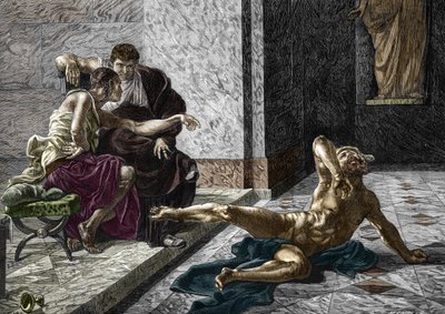 Locusta avvelenatrice romana prova un veleno destinato a Britannico su uno schiavo, accanto all