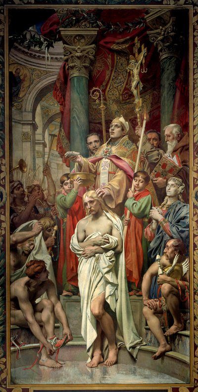 Il battesimo del re dei Franchi Clodoveo I (466-511) a Reims da parte del vescovo San Remigio il 25/12/496 (o 499) da Joseph Paul Blanc