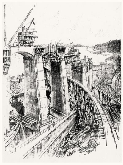 Approcci alla Chiusa di Gatun, tavola VI da Il Canale di Panama di Joseph Pennell, 1912 da Joseph Pennell