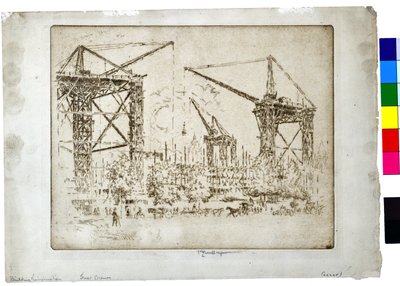 Costruzione delle grandi gru di Kensington, c.1905 da Joseph Pennell