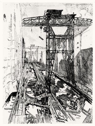 Gru alla Chiusa di Miraflores, tavola XXII da Il Canale di Panama di Joseph Pennell, 1912 da Joseph Pennell