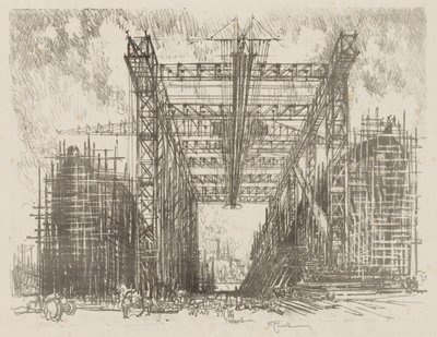 Lavoro di guerra inglese: Il portale (un cantiere navale mercantile) da Joseph Pennell
