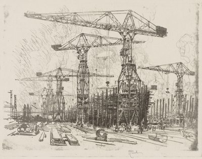 Lavoro di guerra inglese: Il vecchio cantiere navale da Joseph Pennell