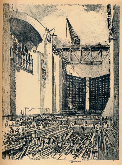 Posa del pavimento della chiusa di Pedro Miguel, 1912 da Joseph Pennell