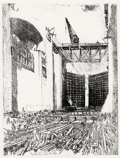 Posa del Pavimento: Chiusa di Pedro Miguel, tavola XVIII da Il Canale di Panama di Joseph Pennell, 14 febbraio 1912 da Joseph Pennell