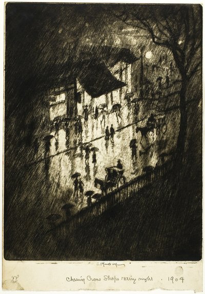 Notte piovosa, negozi di Charing Cross da Joseph Pennell