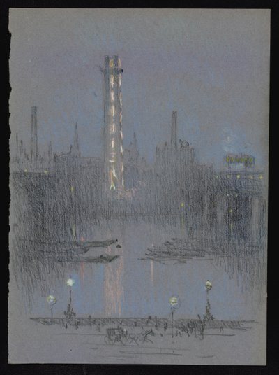 Torre di tiro con luci notturne, dall