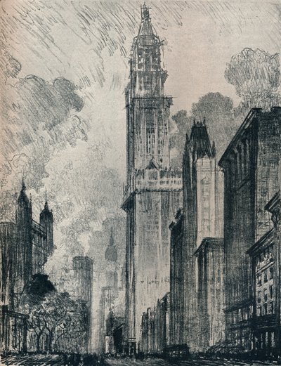 Broadway e il Woolworth Building, New York, 1912 da Joseph Pennell