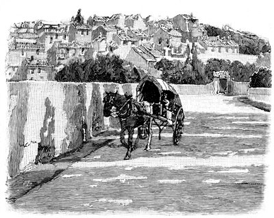 Villaggio del Midi (sud) della Francia con carrozza trainata da cavalli. Incisione di Joseph Pennell 1888 (dettaglio) da Joseph Pennell