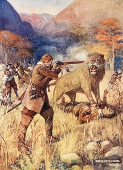 Un grande leone balzò su uno degli uomini da Joseph Ratcliffe (after) Skelton