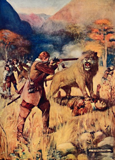 Un grande leone balza su uno degli uomini, 1909 da Joseph Ratcliffe Skelton