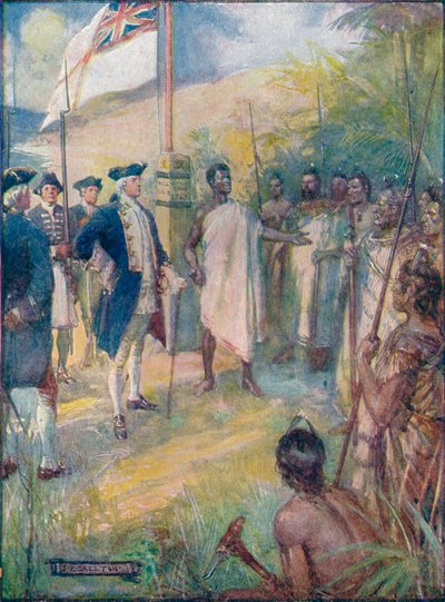 Cook disse ai Maori che era venuto a segnare le loro isole, c1908, c1920 da Joseph Ratcliffe Skelton