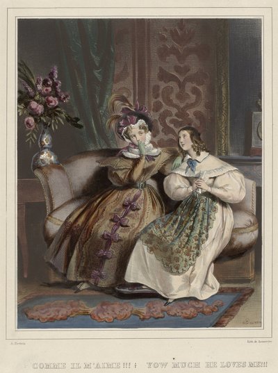 Le donne. Galleria alla moda, ca. 1830: Come mi ama!!! da Joseph Rose Lemercier