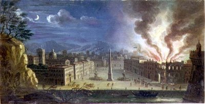 Una piazza in un porto italiano con un edificio in fiamme di notte da Joseph Ruiz