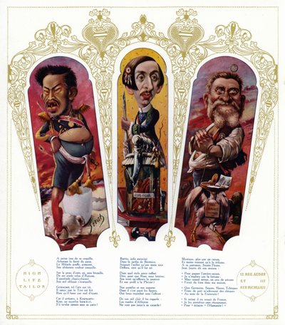 Caricature: Imperatore Meiji del Giappone; Maurice Barres, scrittore e politico nazionalista francese; Jean Jaures, politico francese da Joseph Sirat
