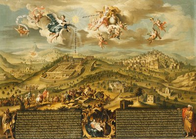 Una vista di Betlemme con il viaggio dei Magi, la Trinità sopra e la Natività in una cartouche dipinta sotto, 1752 da Joseph Stephan