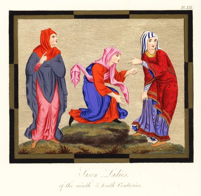 Costumi delle donne anglosassoni, IX e X secolo (incisione) da Joseph Strutt