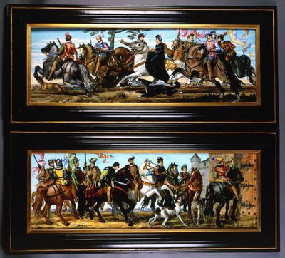 Un paio di placche murali in ceramica, raffiguranti scene medievali di cacciatori con cani da Joseph Theodore Deck