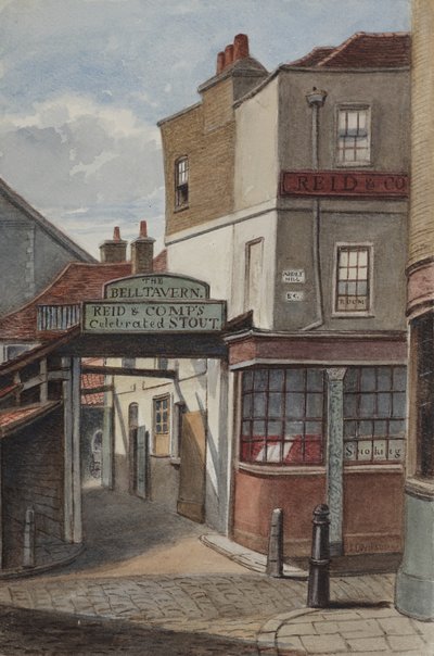 Veduta della taverna Bell, Addle Hill, con insegna per la stout celebrata di Reid and Company, e un paletto del marciapiede, 1868 da Joseph Thomas Wilson