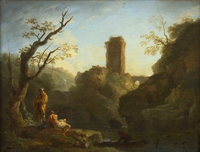 Francese: Un paesaggio con un albero e due uomini, una torre sullo sfondo da Joseph Vernet