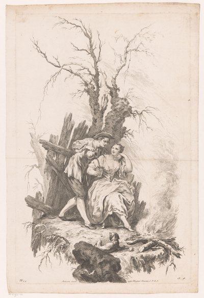 Uomo e donna con cane vicino a un fuoco (Inverno) da Joseph Wagner (possibly)
