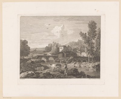 Paesaggio fluviale con pastore e mucche su un ponte da Joseph Wagner