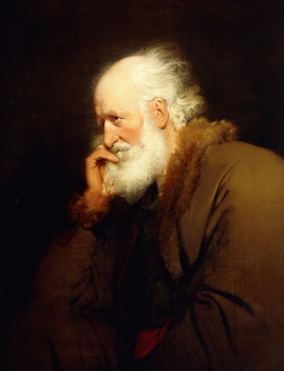 Un vecchio, a mezzo busto, in un cappotto foderato di pelliccia marrone da Joseph Wright of Derby