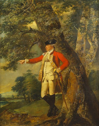 Ritratto del colonnello Charles Heathcote, in piedi a figura intera in un paesaggio boscoso, in uniforme del trentacinquesimo reggimento da Joseph Wright of Derby