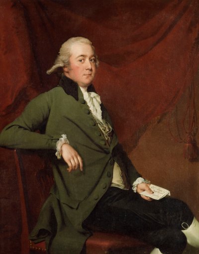 Ritratto di Edward Abney, seduto a tre quarti di lunghezza, in un cappotto verde, con una lettera contro una tenda rossa da Joseph Wright of Derby