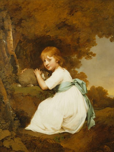 Ritratto di Miss Bentley, seduta a figura intera, con un vestito bianco, che tiene un coniglio in un paesaggio, c.1781 da Joseph Wright of Derby